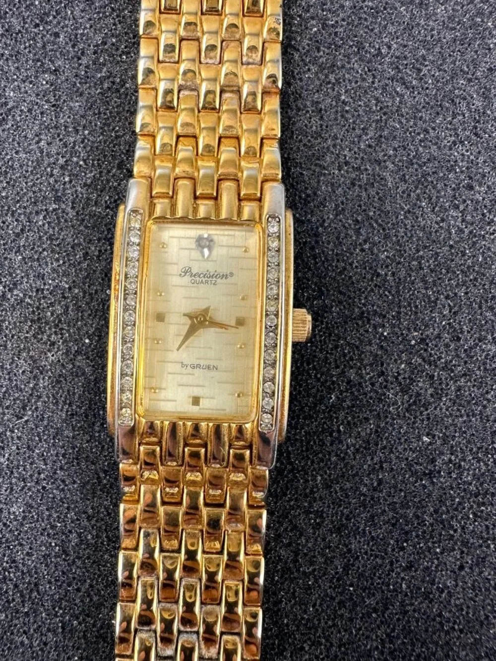 Precision by Gruen Watch Women Gold Tone Rectangle Crystal Bezel New Battery 7